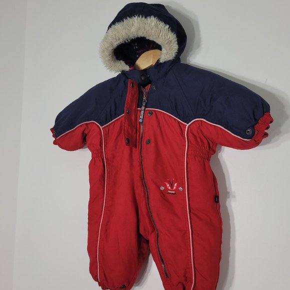 Mini Ungava Baby Toddler Hooded Snow Suit Red Blue Zippered Faux Fur Trim 12Mon - Picture 9 of 14